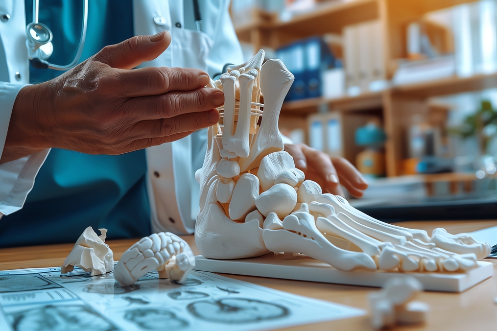 A doctor examining a skeletal foot