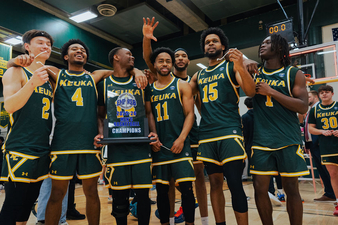 The Keuka College Men's Basketball team celebrates after capturing the College's first Empire 8 Championship Saturday. The Wolves defeated SUNY Brockport 83-80.